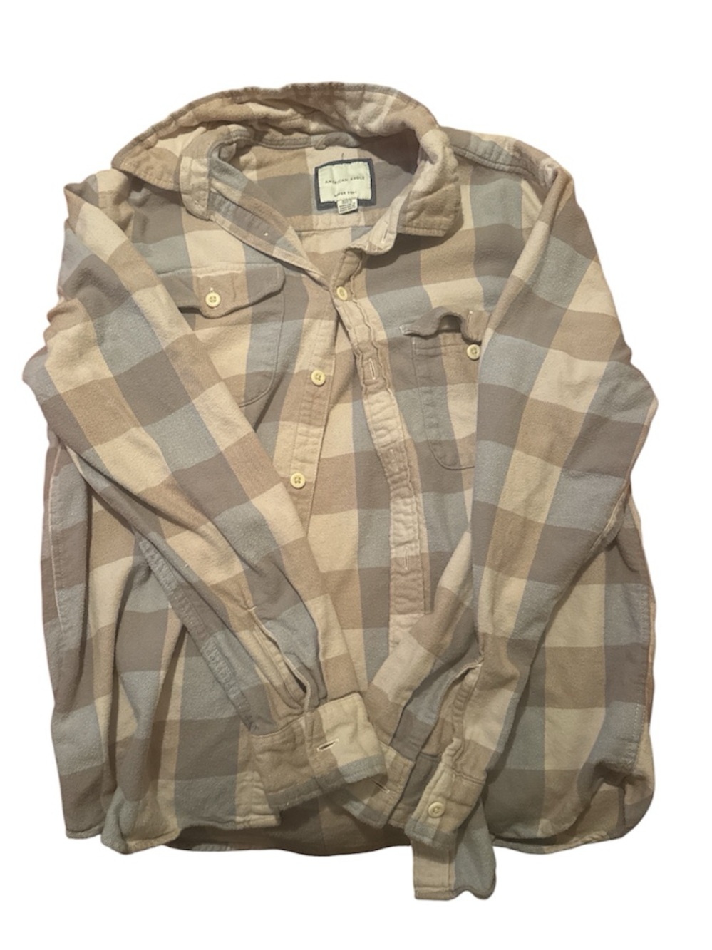 American Eagle Outfitters Beige and Cream Plaid Button-Down Shirt